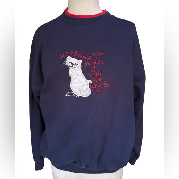 1990s Embroidered Appliqué Cat Crewneck Pullover Sweatshirt - Picture 1 of 5